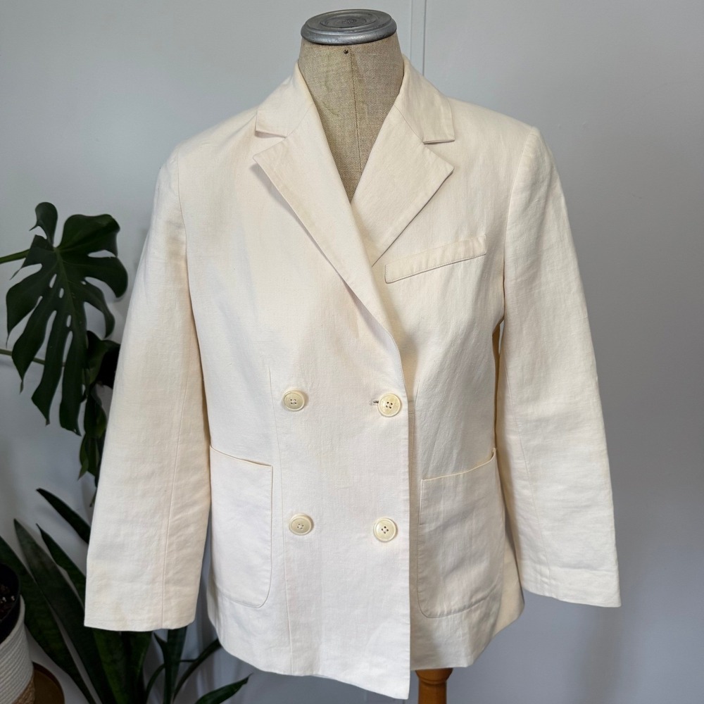 FRAME Double Breasted Blazer Womens 2 Bone White Linen Blend Career Chic